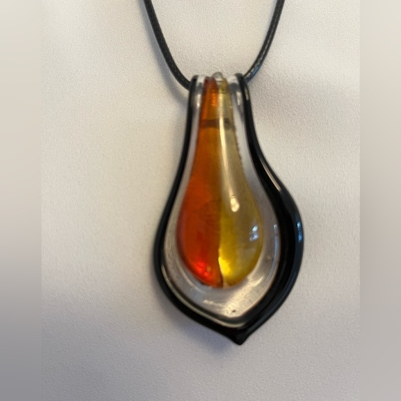 PENDANT Glass Teardrop Orange Yellow and 20" Leather Cord Necklace Modern Chic - Picture 3 of 5